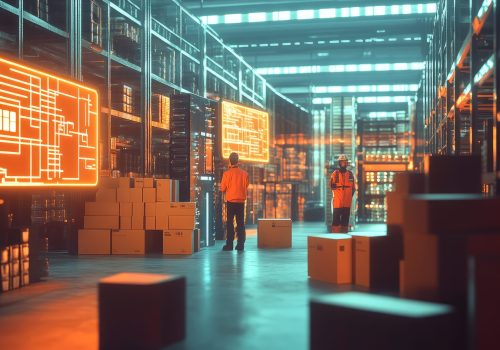 A man is leisurely walking through a vast warehouse during sunset